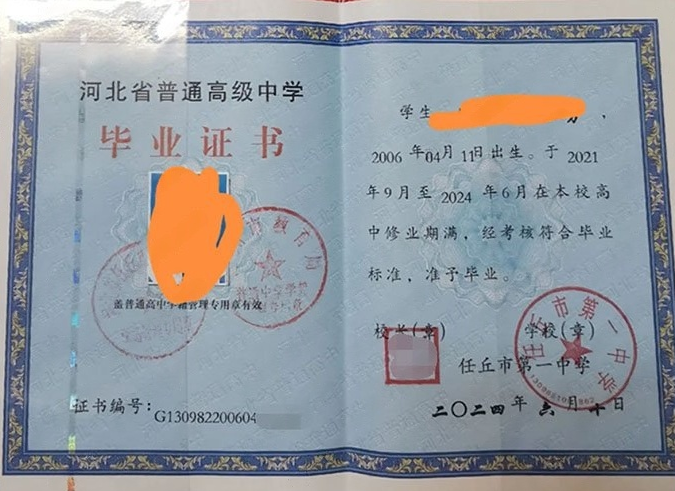 郴州任丘市第一中学高中毕业证样本图片